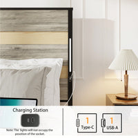 Industrial Gray Queen Bed Frame With Headboard, 4 Storage Drawers, Charging Station, LED Lights, Wood Slats, Easy Assembly, No Box Spring Needed