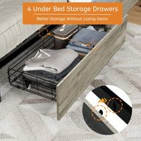 Industrial Gray Queen Bed Frame With Headboard, 4 Storage Drawers, Charging Station, LED Lights, Wood Slats, Easy Assembly, No Box Spring Needed
