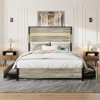 Industrial Gray Queen Bed Frame With Headboard, 4 Storage Drawers, Charging Station, LED Lights, Wood Slats, Easy Assembly, No Box Spring Needed