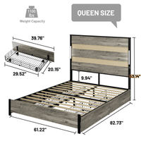 Industrial Gray Queen Bed Frame With Headboard, 4 Storage Drawers, Charging Station, LED Lights, Wood Slats, Easy Assembly, No Box Spring Needed