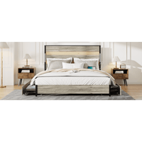 Industrial Gray Queen Bed Frame With Headboard, 4 Storage Drawers, Charging Station, LED Lights, Wood Slats, Easy Assembly, No Box Spring Needed