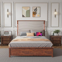 King Size Upholstered Bed Frame With Charging Station And LED Lights, Wood Slats, No Box Spring Required, Easy Assembly, Beige Linen