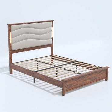 King Size Upholstered Bed Frame With Charging Station And LED Lights, Wood Slats, No Box Spring Required, Easy Assembly, Beige Linen