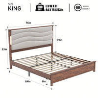 King Size Upholstered Bed Frame With Charging Station And LED Lights, Wood Slats, No Box Spring Required, Easy Assembly, Beige Linen