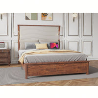 King Size Upholstered Bed Frame With Charging Station And LED Lights, Wood Slats, No Box Spring Required, Easy Assembly, Beige Linen
