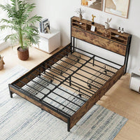 Queen Size Metal Platform Bed Frame With Wooden Headboard And Charging Station, 4 Storage Drawers, No Box Spring Needed, Noise-Free Easy Assembly