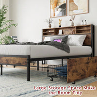 Queen Size Metal Platform Bed Frame With Wooden Headboard And Charging Station, 4 Storage Drawers, No Box Spring Needed, Noise-Free Easy Assembly