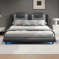 Contemporary Faux Leather Full Size Platform Bed Frame With LED Lighting And Adjustable Headboard, No Box Spring Required, Grey