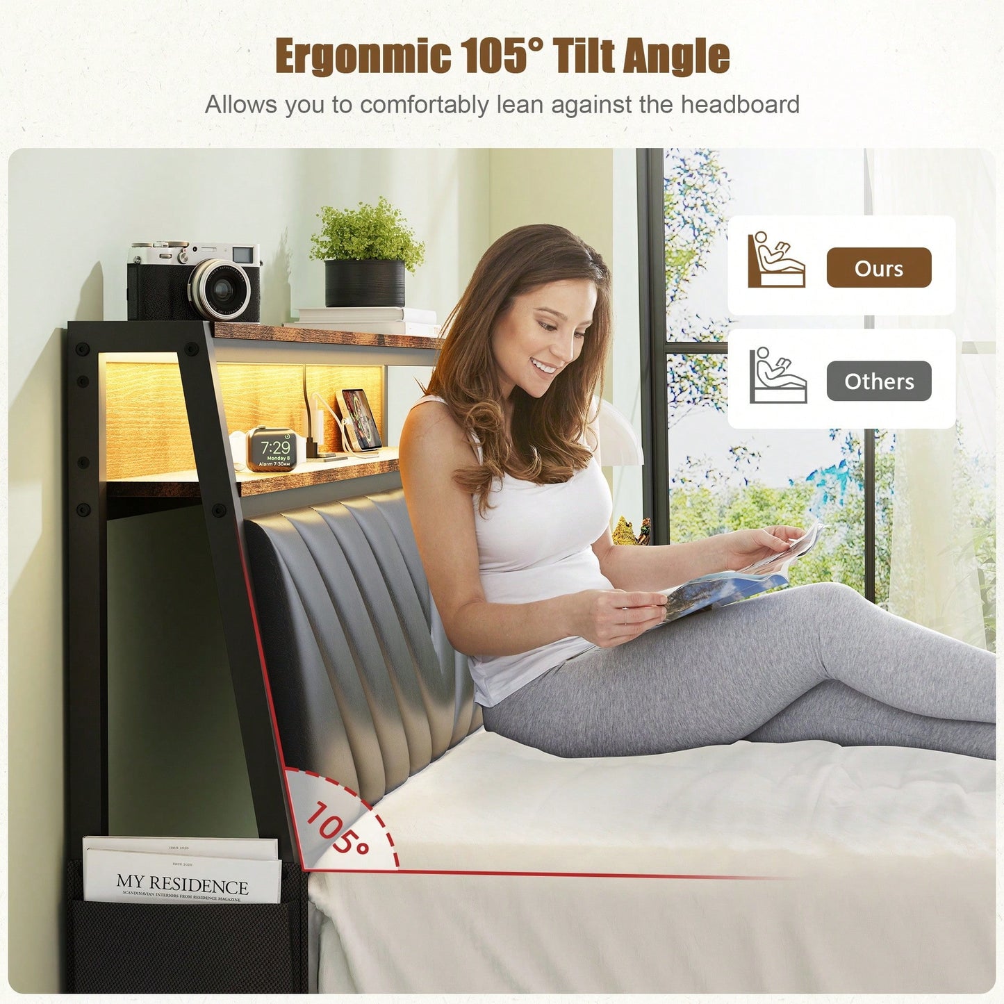 Full Size Platform Bed Frame With 105-Degree Tilted Upholstered Headboard, Built-In Charging Station And LED Lights, Noiseless Design In Black And Brown