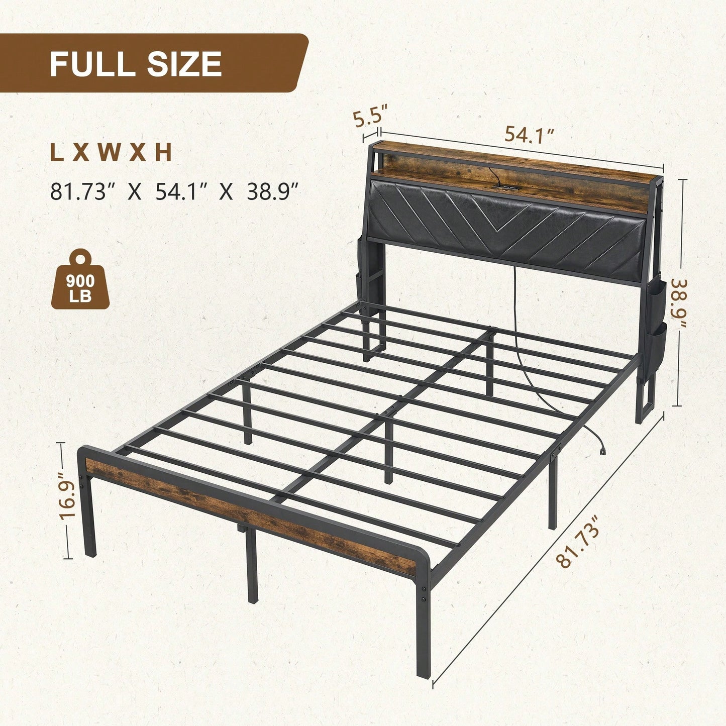 Full Size Platform Bed Frame With 105-Degree Tilted Upholstered Headboard, Built-In Charging Station And LED Lights, Noiseless Design In Black And Brown