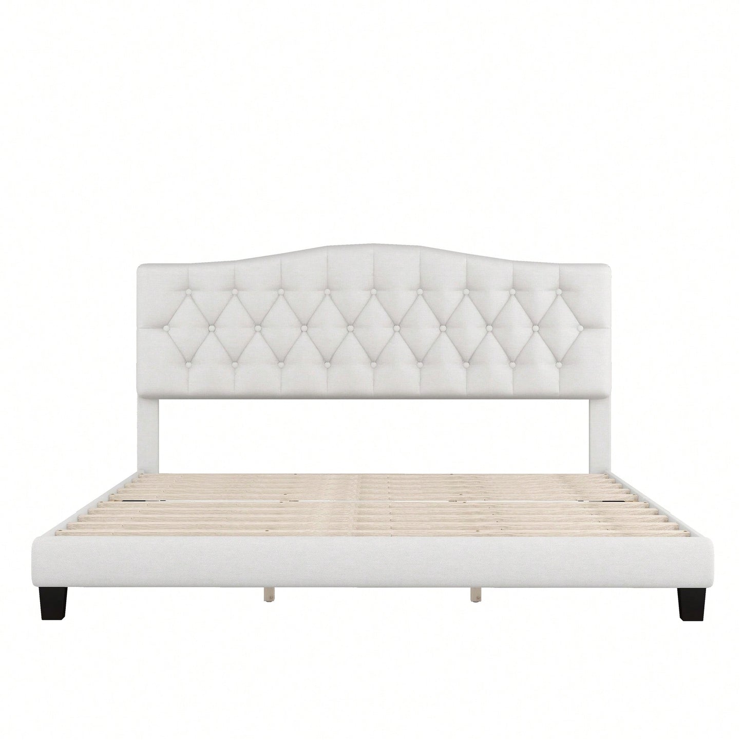 King Upholstered Platform Bed With Saddle Curved Headboard And Diamond Tufted Design Beige