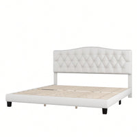 King Upholstered Platform Bed With Saddle Curved Headboard And Diamond Tufted Design Beige