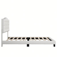 King Upholstered Platform Bed With Saddle Curved Headboard And Diamond Tufted Design Beige