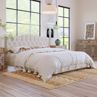 King Upholstered Platform Bed With Saddle Curved Headboard And Diamond Tufted Design Beige