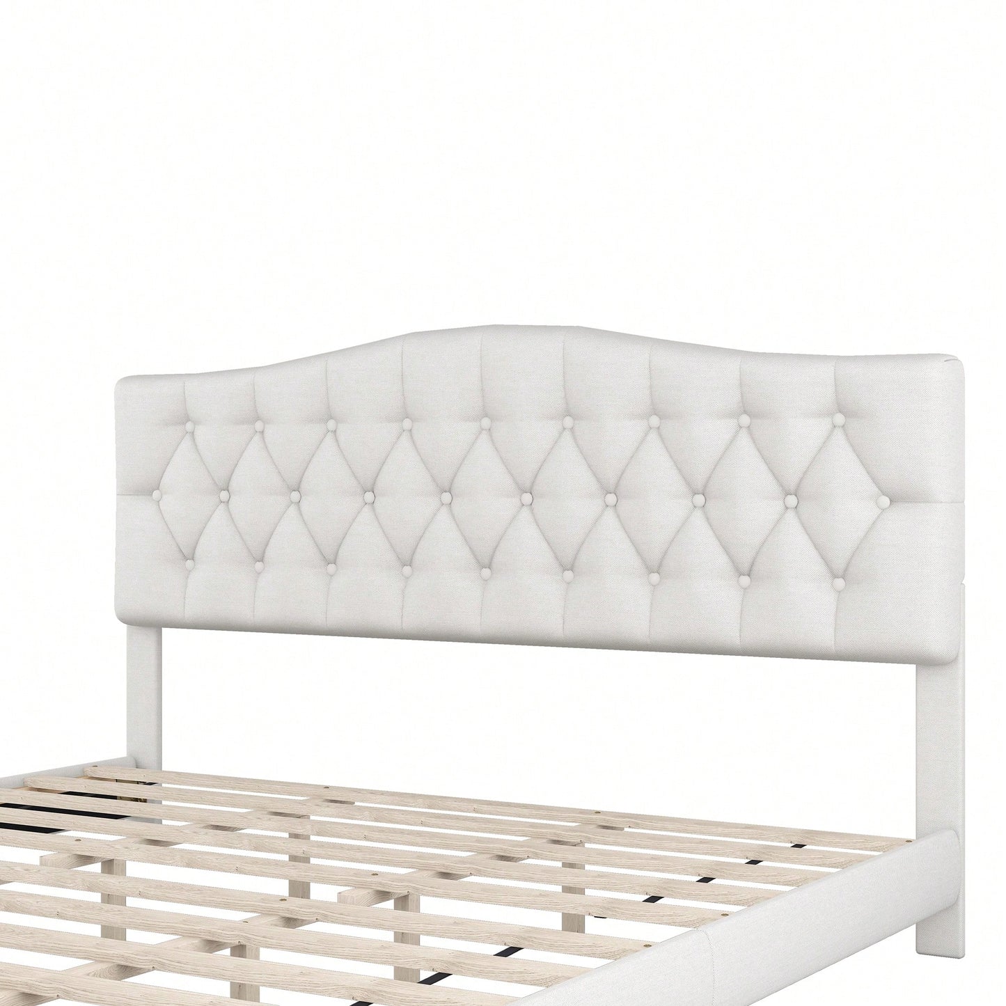 King Upholstered Platform Bed With Saddle Curved Headboard And Diamond Tufted Design Beige