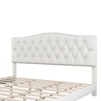 King Upholstered Platform Bed With Saddle Curved Headboard And Diamond Tufted Design Beige