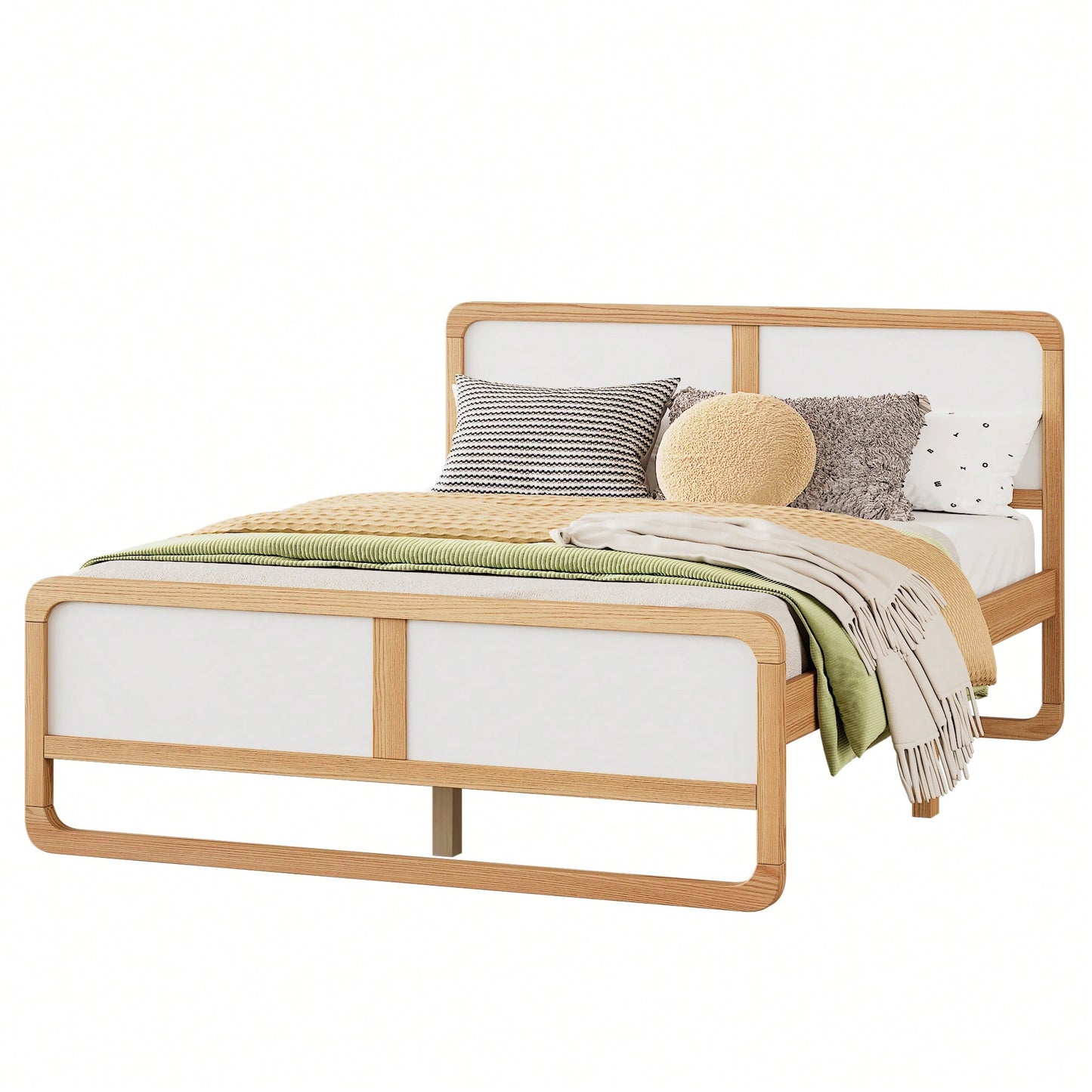 Contemporary Queen Size Solid Wood Platform Bed For Kids And Adults No Box Spring Needed Walnut And White Finish