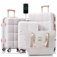 4 Piece Expandable 20-Inch Luggage Set With USB Port Durable Hard Shell Suitcase Travel Bag And Spinner Wheels Light Grey