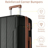 Expandable 3 Piece Hard Shell Luggage Set With Double Spinner Wheels And TSA Lock - Black Brown 20/24/28 Inch Suitcases