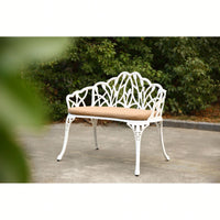 Floral Rose Design Cast Aluminum Outdoor Garden Bench With Cushions For Patio Park Lawn Yard Black