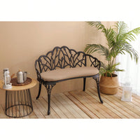 Floral Rose Design Cast Aluminum Outdoor Garden Bench With Cushions For Patio Park Lawn Yard Black