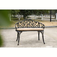 Floral Rose Design Cast Aluminum Outdoor Garden Bench With Cushions For Patio Park Lawn Yard Black