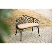 Floral Rose Design Cast Aluminum Outdoor Garden Bench With Cushions For Patio Park Lawn Yard Black