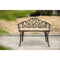 Floral Rose Design Cast Aluminum Outdoor Garden Bench With Cushions For Patio Park Lawn Yard Black