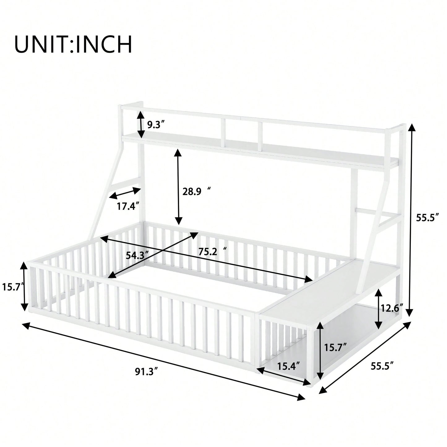 Full Size Metal Floor Bed Frame With Safety Fence, Integrated Desk And Storage Shelves, Kids Playhouse Design White