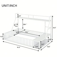 Full Size Metal Floor Bed Frame With Safety Fence, Integrated Desk And Storage Shelves, Kids Playhouse Design White