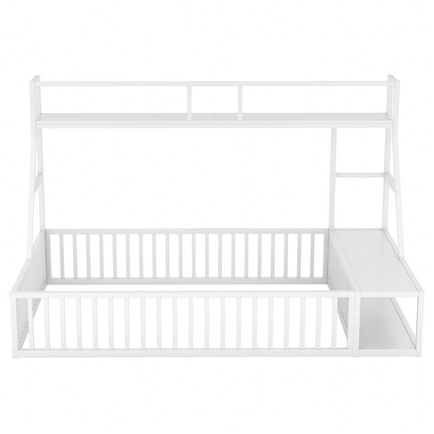 Full Size Metal Floor Bed Frame With Safety Fence, Integrated Desk And Storage Shelves, Kids Playhouse Design White