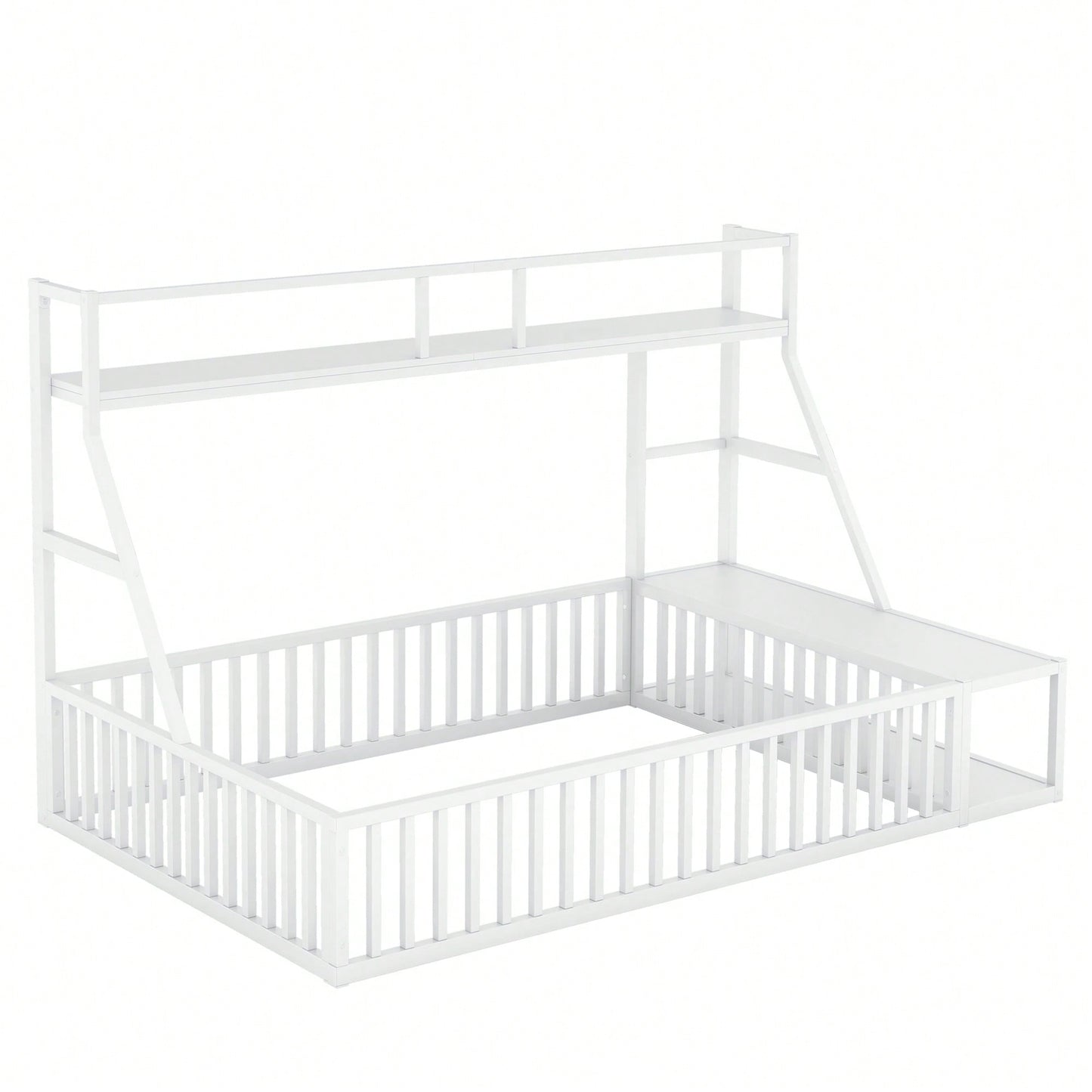 Full Size Metal Floor Bed Frame With Safety Fence, Integrated Desk And Storage Shelves, Kids Playhouse Design White