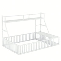 Full Size Metal Floor Bed Frame With Safety Fence, Integrated Desk And Storage Shelves, Kids Playhouse Design White