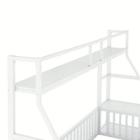 Full Size Metal Floor Bed Frame With Safety Fence, Integrated Desk And Storage Shelves, Kids Playhouse Design White