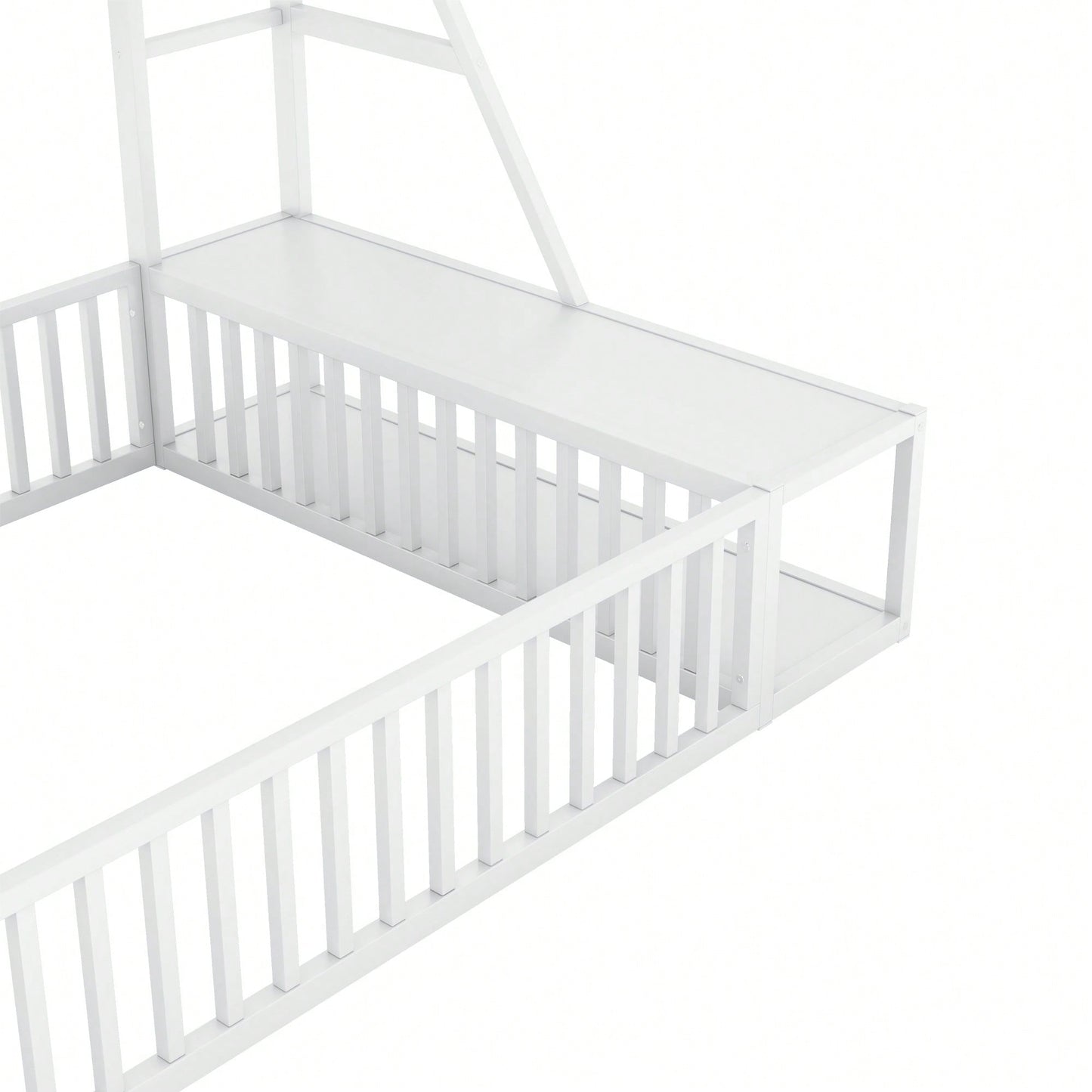 Full Size Metal Floor Bed Frame With Safety Fence, Integrated Desk And Storage Shelves, Kids Playhouse Design White