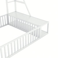 Full Size Metal Floor Bed Frame With Safety Fence, Integrated Desk And Storage Shelves, Kids Playhouse Design White