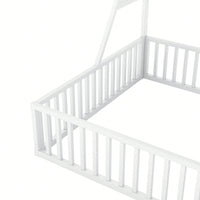 Full Size Metal Floor Bed Frame With Safety Fence, Integrated Desk And Storage Shelves, Kids Playhouse Design White