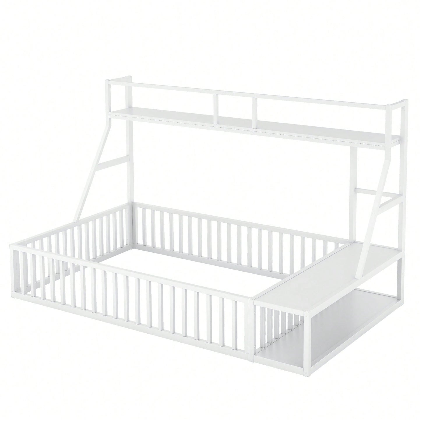 Full Size Metal Floor Bed Frame With Safety Fence, Integrated Desk And Storage Shelves, Kids Playhouse Design White