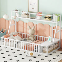 Twin Size Floor Bed Frame With Safety Fence And Storage Shelves For Kids Playhouse Design In White