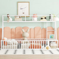 Twin Size Floor Bed Frame With Safety Fence And Storage Shelves For Kids Playhouse Design In White