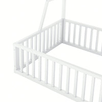 Twin Size Floor Bed Frame With Safety Fence And Storage Shelves For Kids Playhouse Design In White