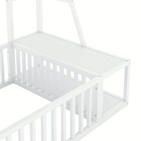 Twin Size Floor Bed Frame With Safety Fence And Storage Shelves For Kids Playhouse Design In White
