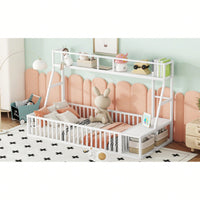 Twin Size Floor Bed Frame With Safety Fence And Storage Shelves For Kids Playhouse Design In White