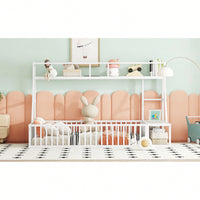 Twin Size Floor Bed Frame With Safety Fence And Storage Shelves For Kids Playhouse Design In White