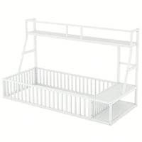Twin Size Floor Bed Frame With Safety Fence And Storage Shelves For Kids Playhouse Design In White