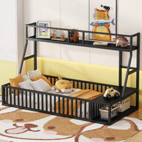 Twin Size Floor Bed Frame With Safety Fence And Storage Shelves For Kids Playhouse Design In White