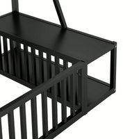 Twin Size Floor Bed Frame With Safety Fence And Storage Shelves For Kids Playhouse Design In White