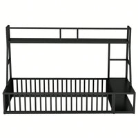 Twin Size Floor Bed Frame With Safety Fence And Storage Shelves For Kids Playhouse Design In White