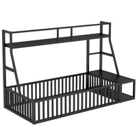Twin Size Floor Bed Frame With Safety Fence And Storage Shelves For Kids Playhouse Design In White
