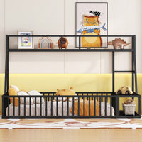 Twin Size Floor Bed Frame With Safety Fence And Storage Shelves For Kids Playhouse Design In White